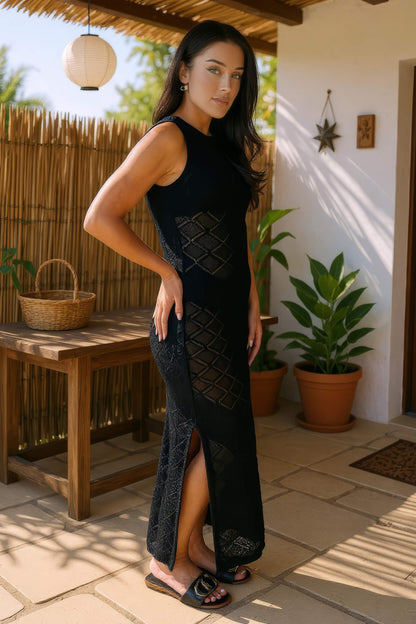 Black Crochet Knit Split Leg Midi Dress