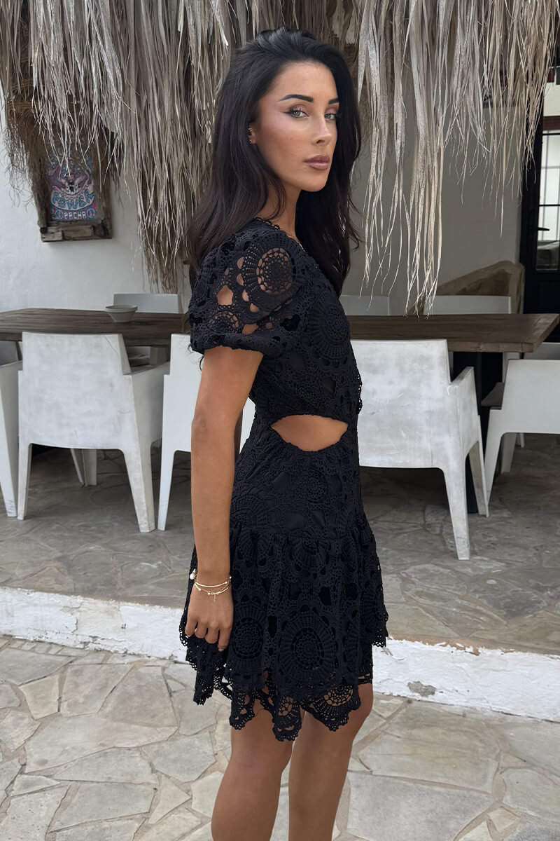 Black Crochet Overlay Cut Out Tiered Mini Dress