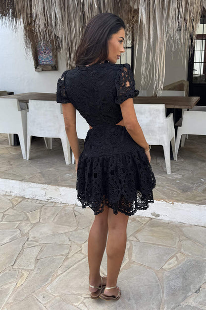 Black Crochet Overlay Cut Out Tiered Mini Dress
