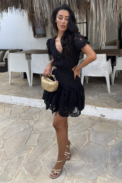 Black Crochet Overlay Cut Out Tiered Mini Dress