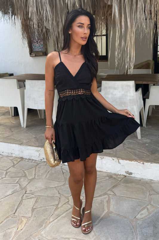 Black Open Tie Back Crochet Detail Tiered Mini Dress