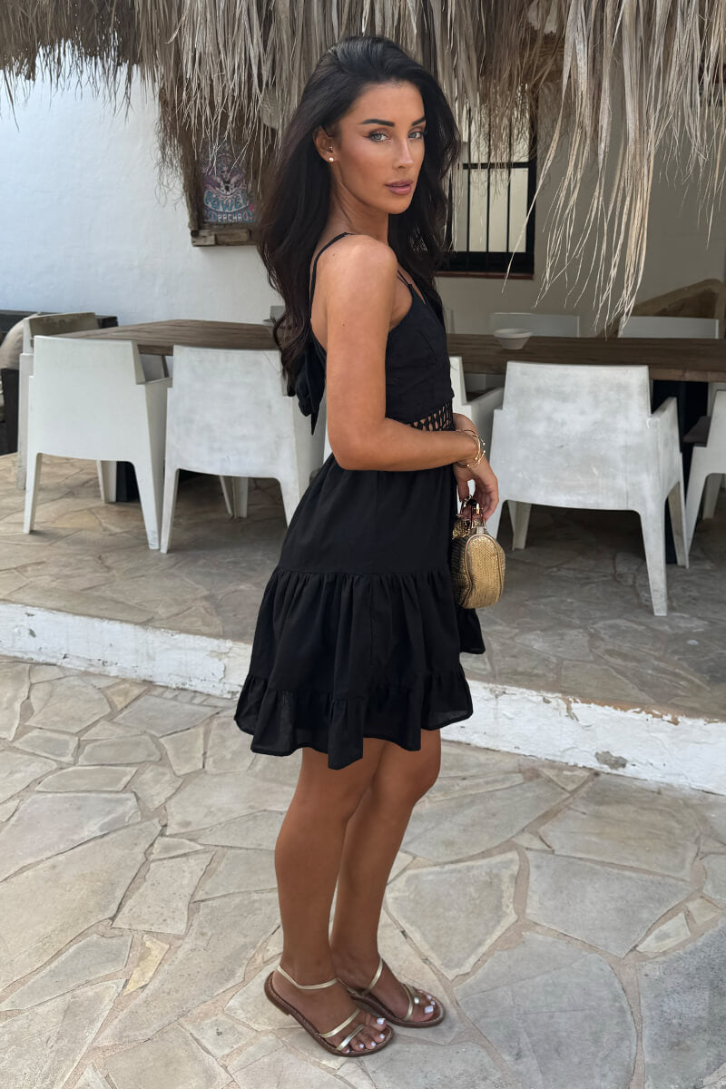 Black Open Tie Back Crochet Detail Tiered Mini Dress