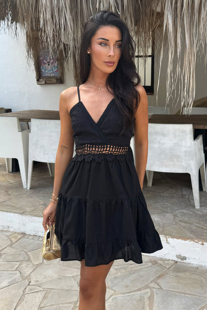 Black Open Tie Back Crochet Detail Tiered Mini Dress