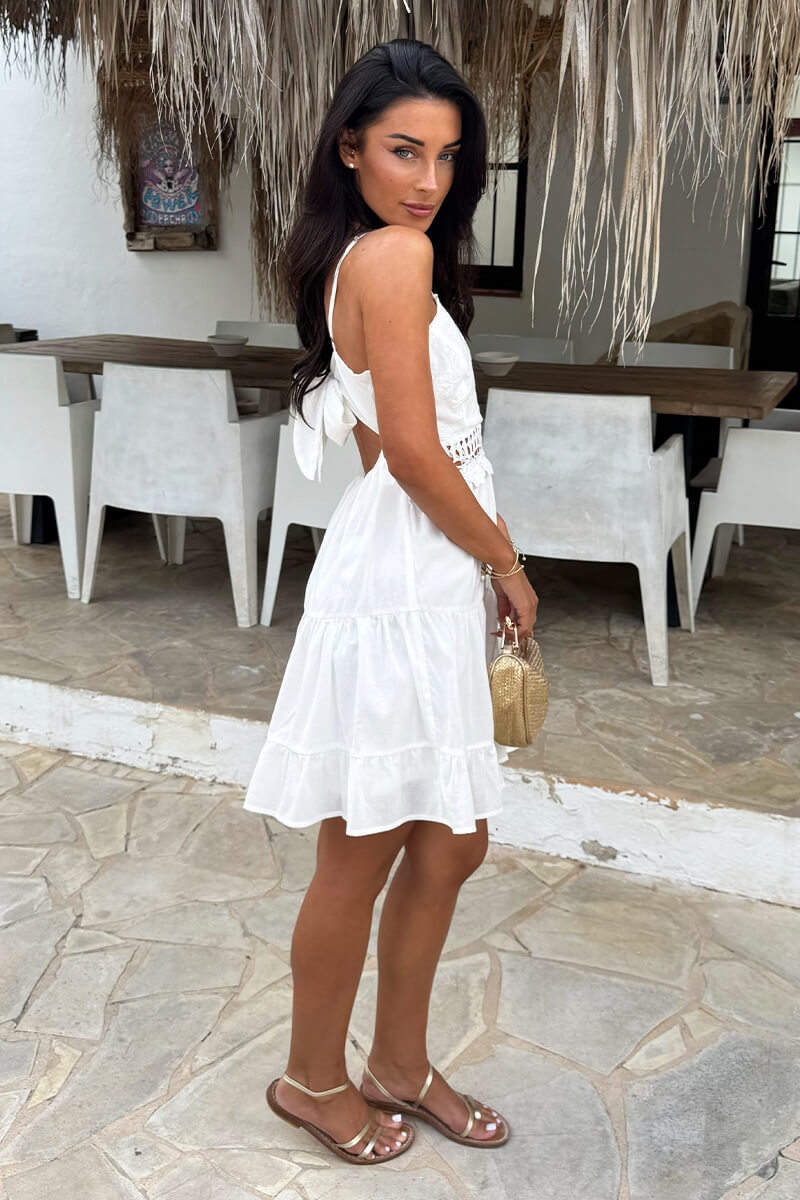 White Open Tie Back Crochet Detail Tiered Mini Dress