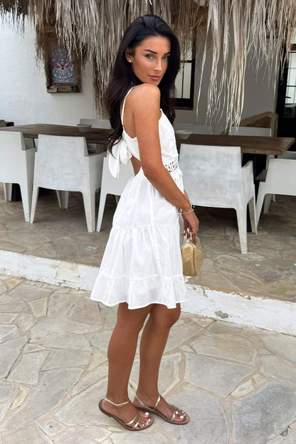 White Open Tie Back Crochet Detail Tiered Mini Dress