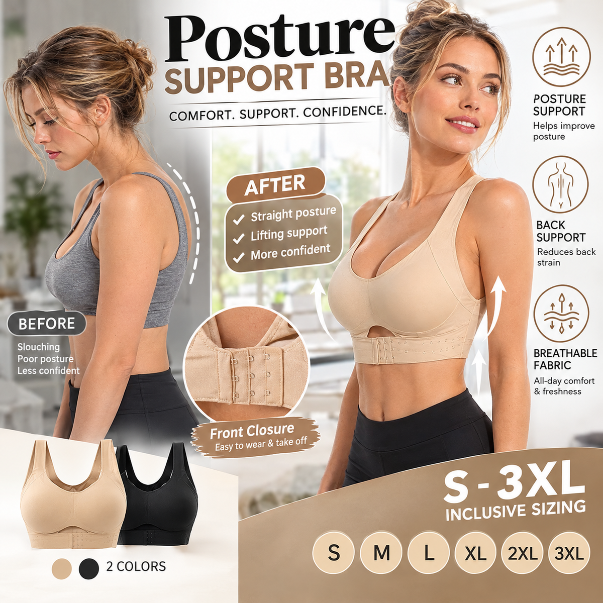 Front Closure Cross-Back Wireless Posture Bra