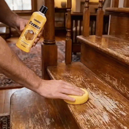 Demonstration of applying beeswax wood cleaner with a sponge