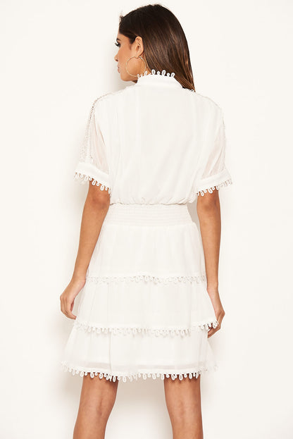 Cream Crochet Detail Tiered Dress