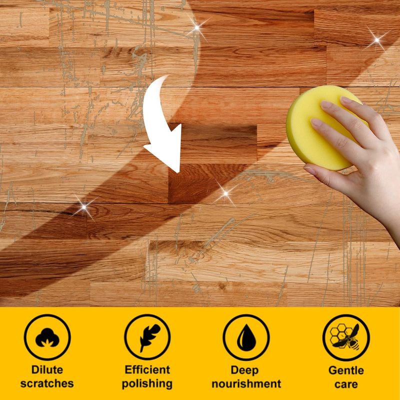 Beeswax polishing sponge applied to a wooden surface
