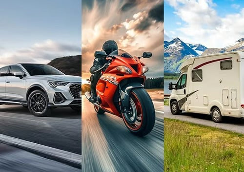 Different vehicles including a car, motorcycle, and recreational vehicle
