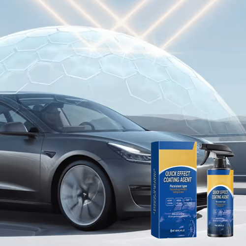 Car coating spray displayed beside a car with a protective coating concept