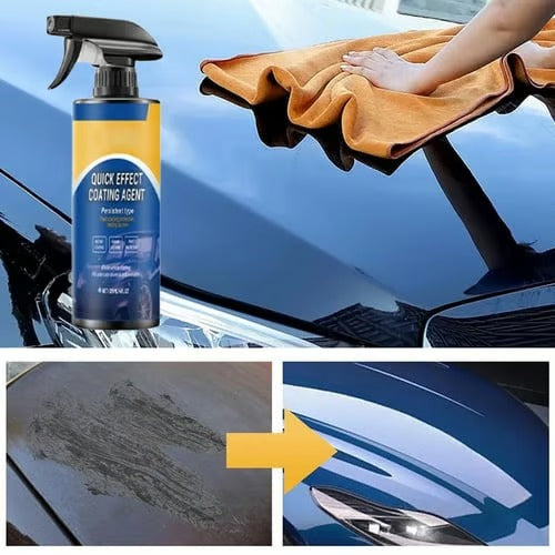 Spray and wipe car coating application with before and after paint appearance